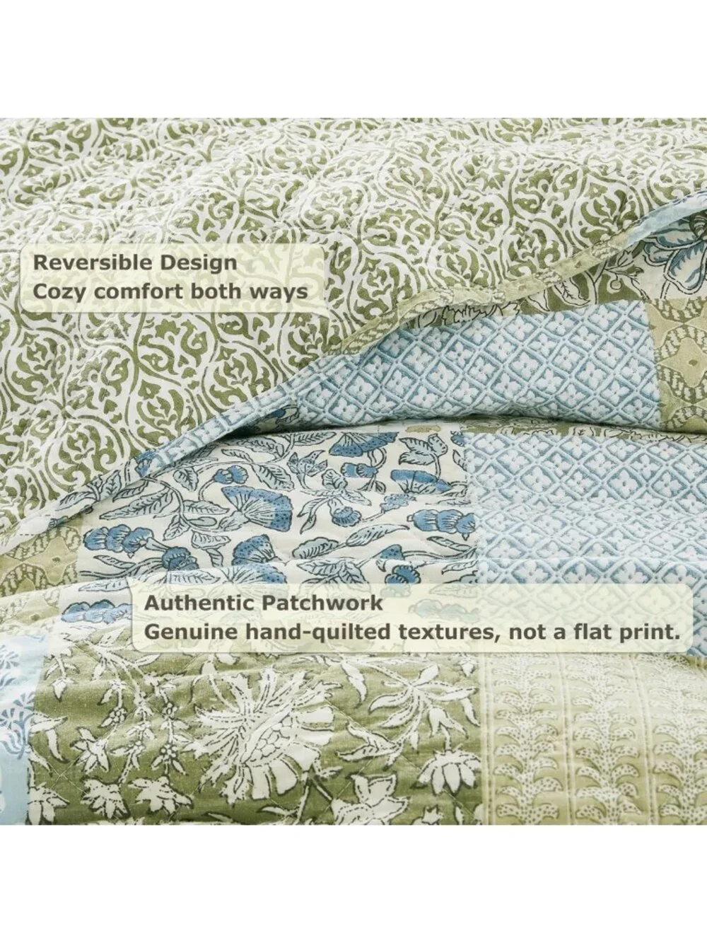 100% Cotton Reversible Patchwork Quilt Set - Queen Size Farmhouse Bedding, Green